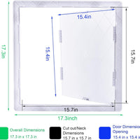 The image showcases Go Builds Access 16 in. x 16 in. Panel for Drywall, featuring a reinforced hinged panel made from durable plastic. It has a 15.7-inch square cutout and a door measuring 15.4 by 15.4 inches, partially open against drywall.