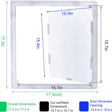 The image showcases Go Builds Access 16 in. x 16 in. Panel for Drywall, featuring a reinforced hinged panel made from durable plastic. It has a 15.7-inch square cutout and a door measuring 15.4 by 15.4 inches, partially open against drywall.