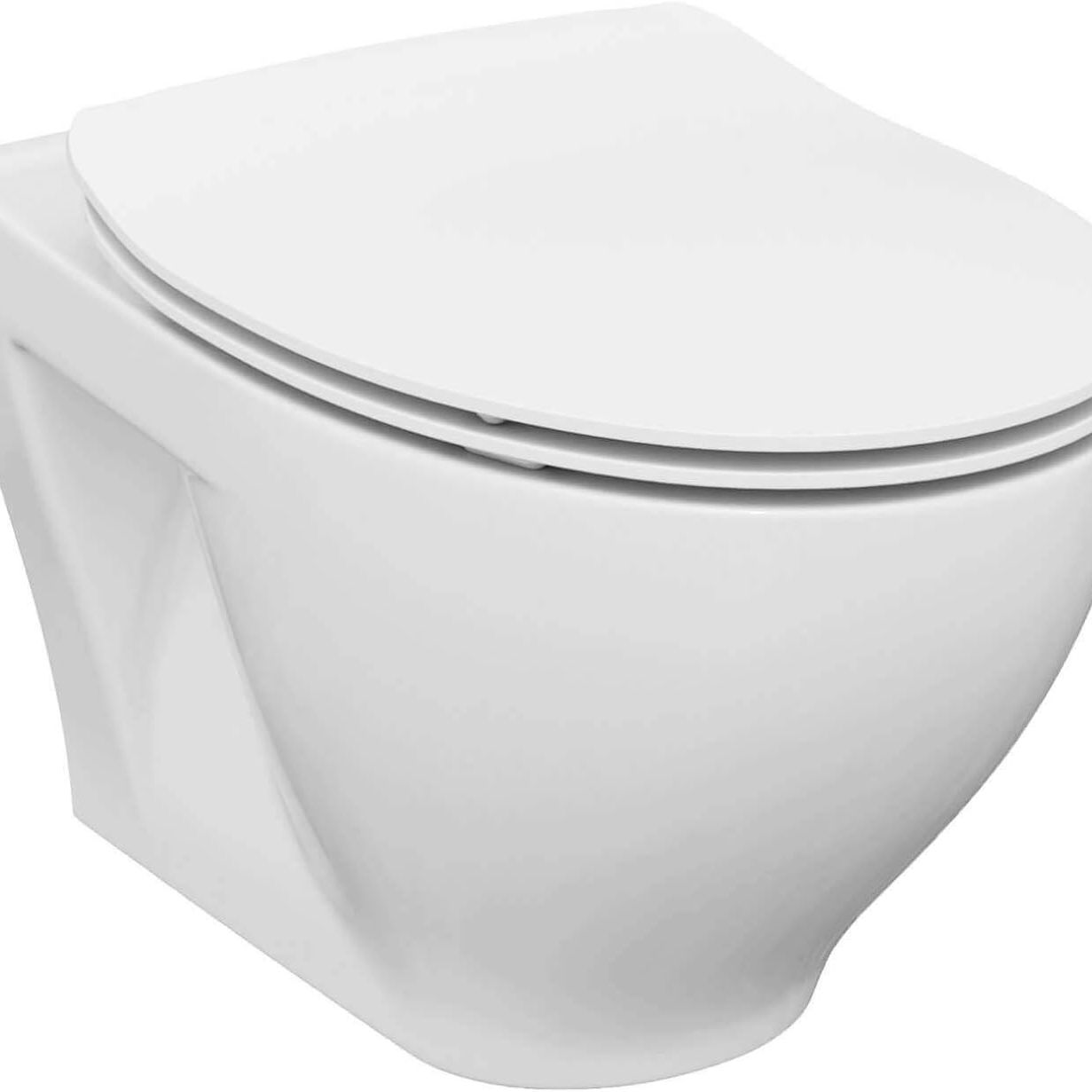 The Vouge VOGUE Wall Hung Toilet With EA Rimless Flush in white features a closed lid and clean lines for a minimalist look, ideal for contemporary bathrooms.