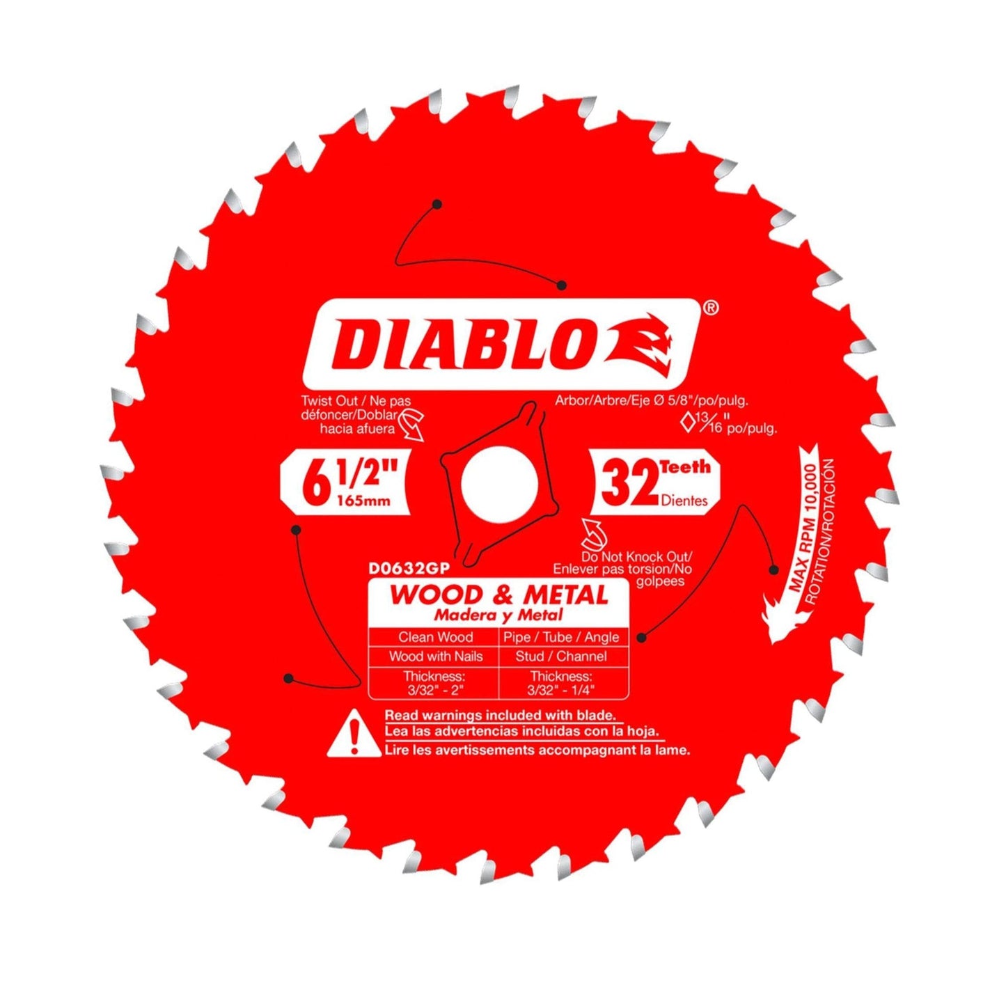 The DIABLO D0632GPA saw blade by Diablo is a red, 6-1/2 in. carbide blade with 32 teeth for cutting wood and metal. Instructions and safety warnings are available in English and Spanish, making it ideal for versatile projects.