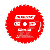 The DIABLO D0632GPA saw blade by Diablo is a red, 6-1/2 in. carbide blade with 32 teeth for cutting wood and metal. Instructions and safety warnings are available in English and Spanish, making it ideal for versatile projects.