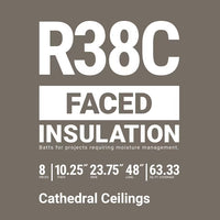 Text on a gray background reads: Owens Corning R38C Kraft Faced Fiberglass Insulation Batt—8 pieces, 10.25” thick, 23.75” x 48”, covers 63 sq. ft. Ideal for moisture control and perfect for cathedral ceilings projects.