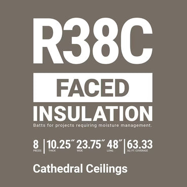 Text on a gray background reads: Owens Corning R38C Kraft Faced Fiberglass Insulation Batt—8 pieces, 10.25” thick, 23.75” x 48”, covers 63 sq. ft. Ideal for moisture control and perfect for cathedral ceilings projects.
