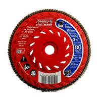 Diablos Steel Demon™ Flap Disc, model DCX045080B01F, features an 80-grit zirconium grain blend for enhanced grinding on metal. With a 4-1/2 diameter and speed hub, it includes RPM details and barcode, ideal for precision on metal and stainless steel.