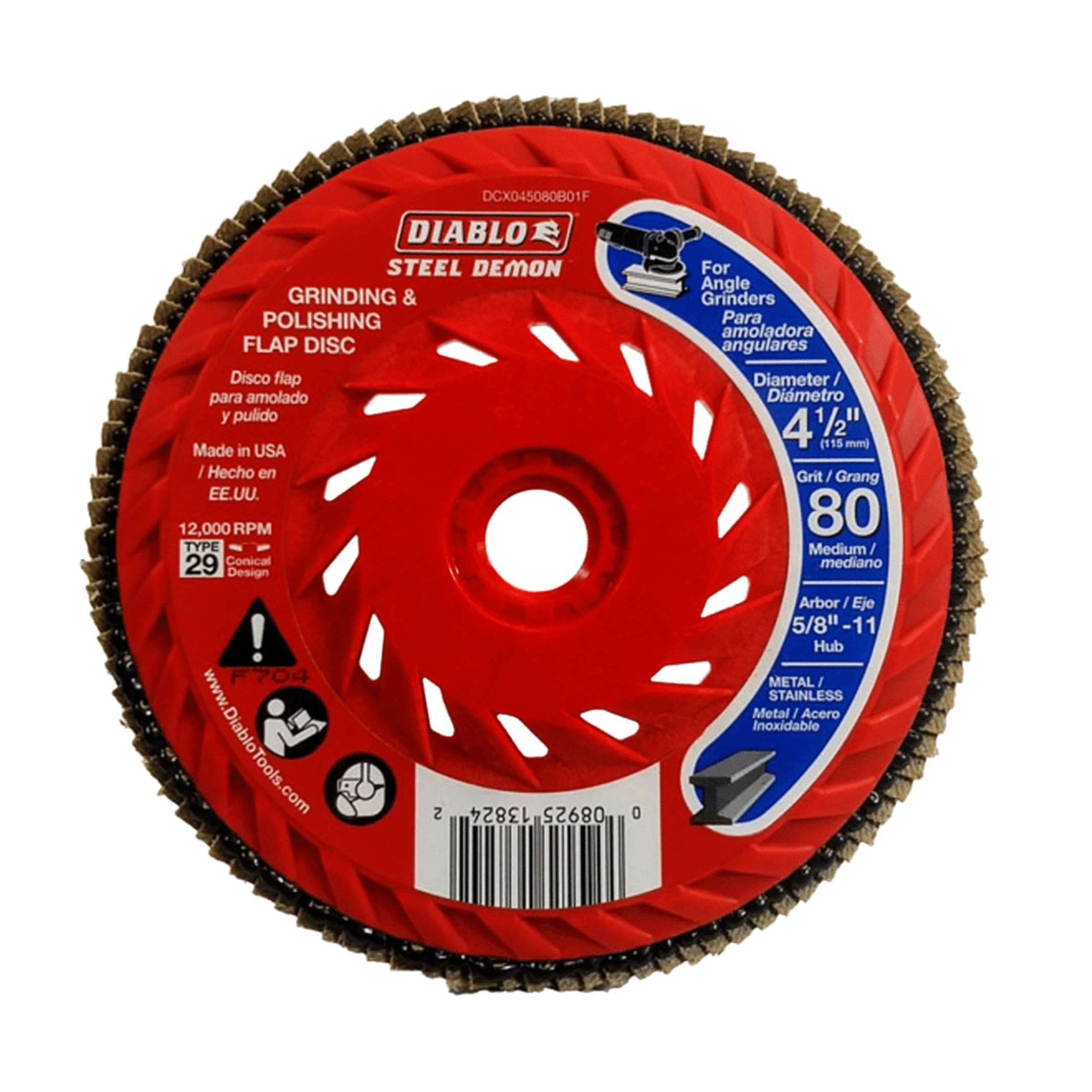 Diablos Steel Demon™ Flap Disc, model DCX045080B01F, features an 80-grit zirconium grain blend for enhanced grinding on metal. With a 4-1/2 diameter and speed hub, it includes RPM details and barcode, ideal for precision on metal and stainless steel.