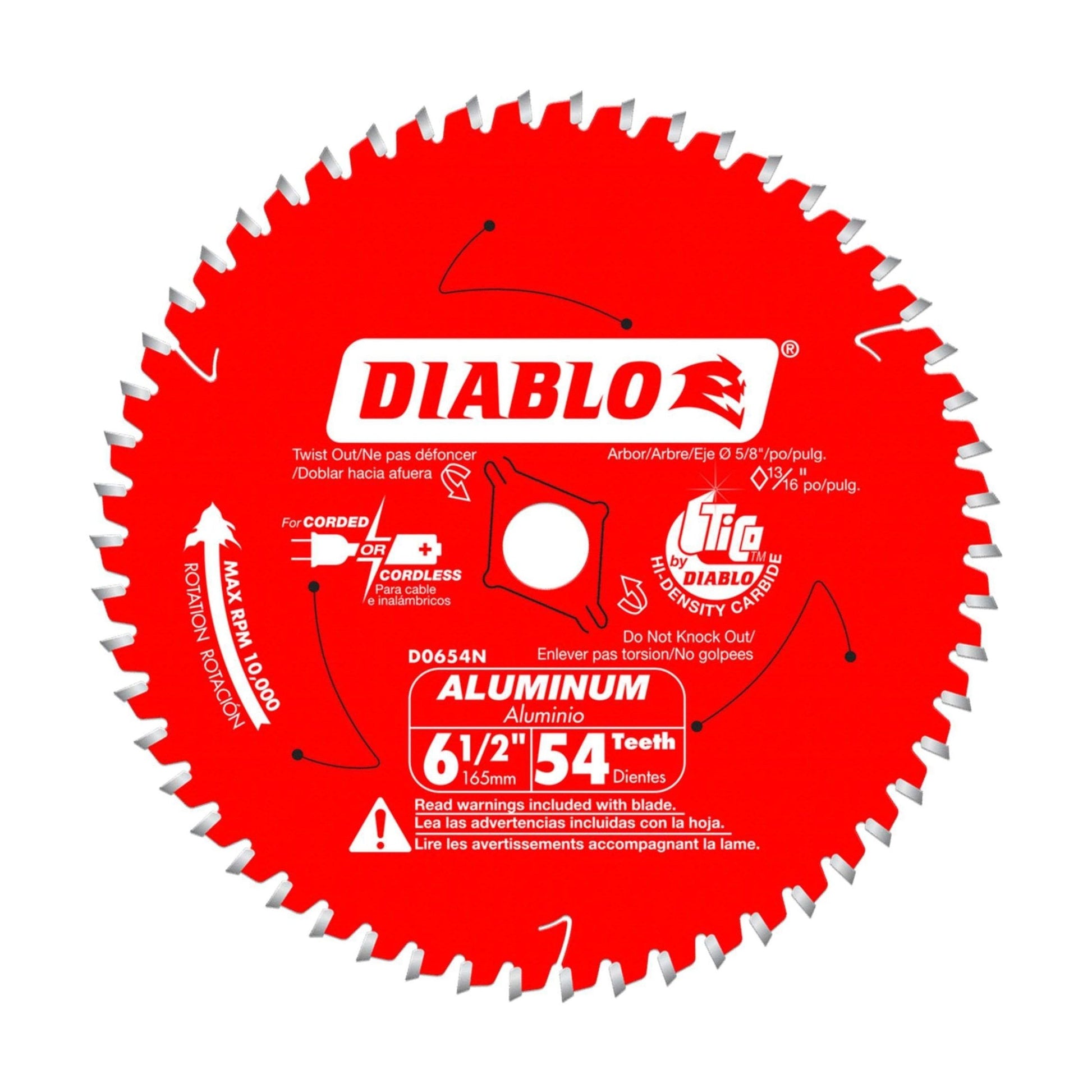 The DIABLO D0654NA saw blade, featuring 54 TCG teeth for cutting aluminum, is a 6-1/2 inch circular red blade with safety warnings and usage instructions printed on it.