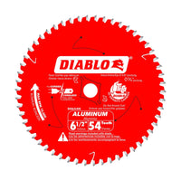 The DIABLO D0654NA saw blade, featuring 54 TCG teeth for cutting aluminum, is a 6-1/2 inch circular red blade with safety warnings and usage instructions printed on it.