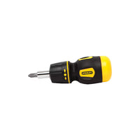 The STANLEY STUBBY RATCHETING SCREWDRIVER features a compact black and yellow handle with a Phillips head tip, displayed on a white background.