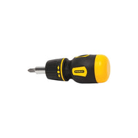 The STANLEY STUBBY RATCHETING SCREWDRIVER features a black and yellow ergonomic handle, Philips head bit, and ratcheting mechanism, displayed against a plain white background.