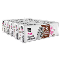 Five large bundles of Owens Corning R8 16 in. x 96 in. Unfaced Fiberglass Batt Insulation (213 sq. ft.) stacked side by side, each in white packaging with pink and brown labels featuring a cartoon character with glasses and a hard hat.