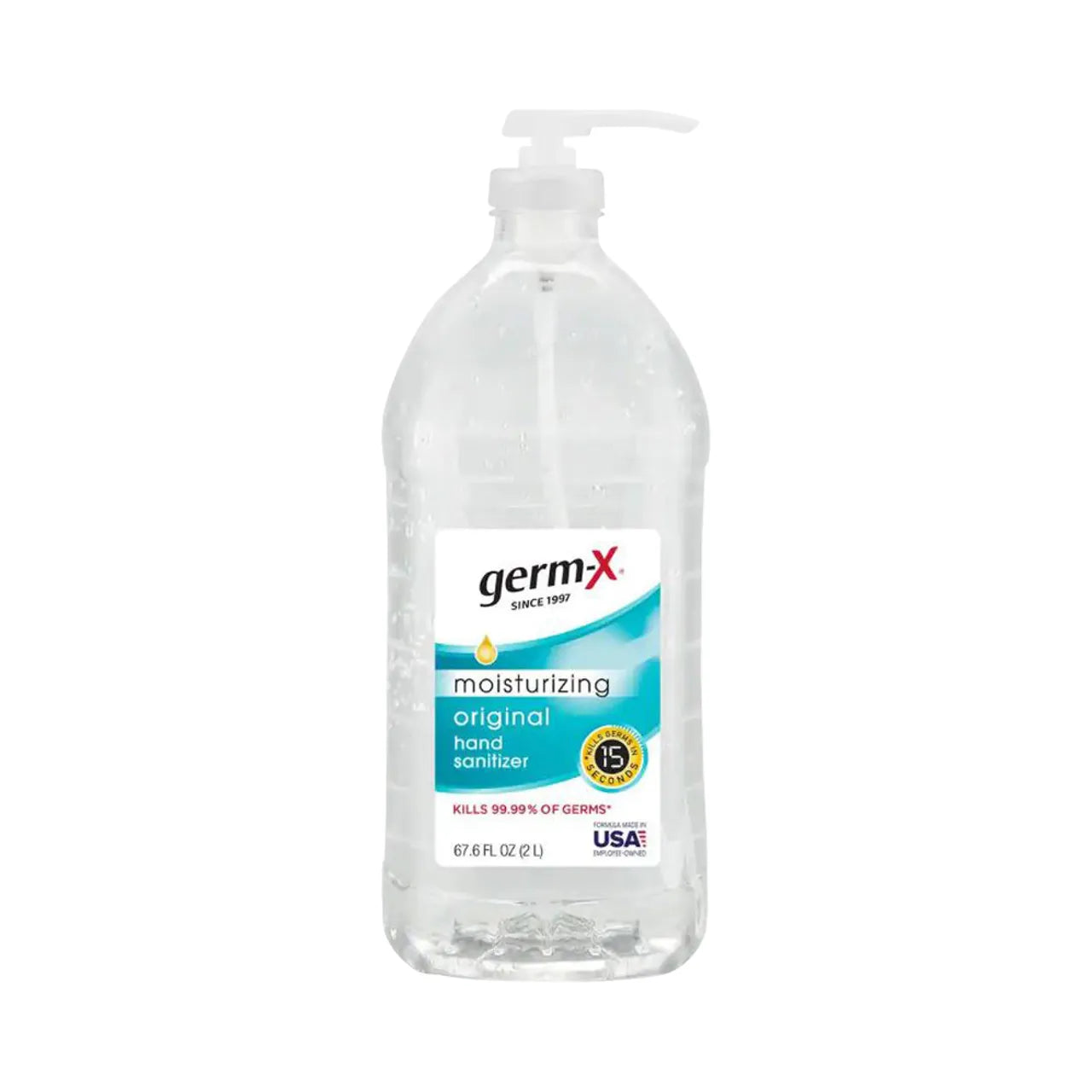 A 67.6 oz. pump bottle of Go Build Moisturizing Original Hand Sanitizer with 62% alcohol and vitamin E kills 99.99% of germs and is made in the USA.
