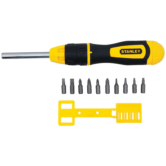 A STANLEY MULTI-BIT RATCHET SCREWDRIVER with a black and yellow handle and 10 interchangeable bits is displayed along with its yellow bit holder on a white background.