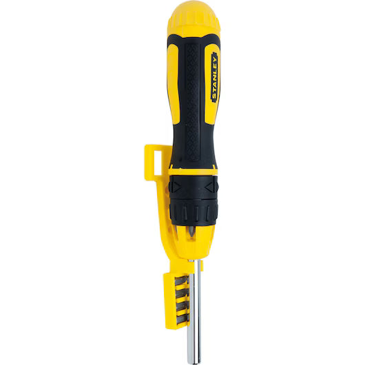 The STANLEY MULTI-BIT RATCHET SCREWDRIVER WITH 10 BIT features a textured handle and built-in compartment holding 10 interchangeable bits.