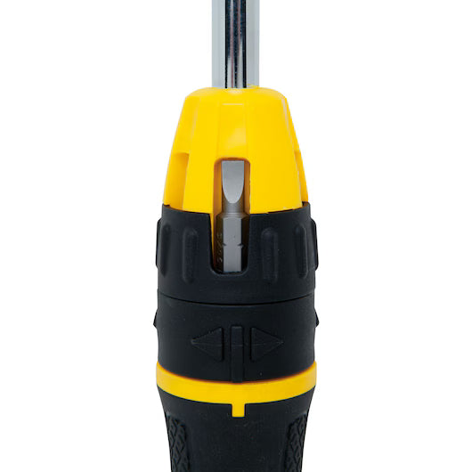 Close-up of the STANLEY MULTI-BIT RATCHET SCREWDRIVER WITH 10 BIT in yellow and black, highlighting its handle with built-in storage and an interchangeable flathead bit inside.