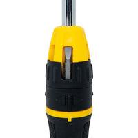 Close-up of the STANLEY MULTI-BIT RATCHET SCREWDRIVER WITH 10 BIT in yellow and black, highlighting its handle with built-in storage and an interchangeable flathead bit inside.