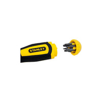 A yellow and black STANLEY MULTI-BIT RATCHET SCREWDRIVER WITH 10 BIT shown with its cap off, displaying the interchangeable bits stored inside the handle.