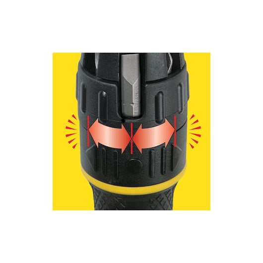 A close-up of the STANLEY MULTI-BIT RATCHET SCREWDRIVER WITH 10 BITs black handle on a yellow background, featuring red arrows and lines that indicate its rotational movement or adjustment capability.
