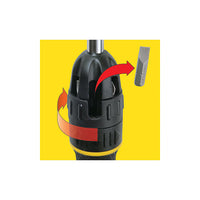 A close-up of the black chuck on the STANLEY MULTI-BIT RATCHET SCREWDRIVER WITH 10 BIT, with red arrows showing bit insertion and tightening—ideal for easy use with interchangeable bits on a yellow background.
