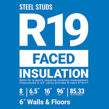 The Owens Corning R19 16"x96" Kraft Faced Fiberglass Insulation Batt covers 85 sq. ft. per pack (8 pieces, 6.5" thick, 16" wide), ideal for 6" walls and floors where moisture management is important. Blue label packaging.