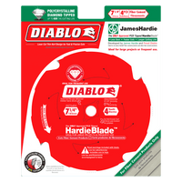 The Diablo DIABLO D0704DHA 7-1/4 x 4 Tooth (PCD) Fiber Cement Hardie Saw Blade packaging shows a red blade with logos, labeled 7 1/4 inch PCD HardieBlade. It is James Hardie approved and designed exclusively for fiber cement cutting.