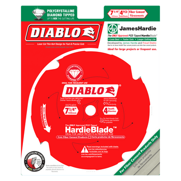 The Diablo DIABLO D0704DHA 7-1/4 x 4 Tooth (PCD) Fiber Cement Hardie Saw Blade packaging shows a red blade with logos, labeled 7 1/4 inch PCD HardieBlade. It is James Hardie approved and designed exclusively for fiber cement cutting.