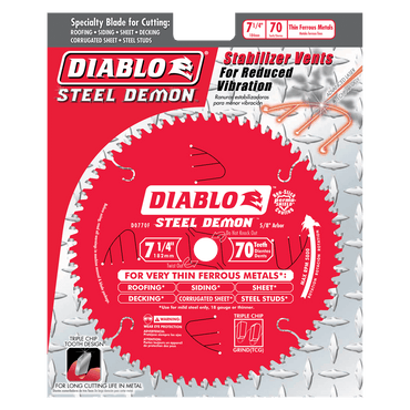 The DIABLO D0770FA 7-1/4 x 70 Teeth Steel Demon™ Carbide-Tipped Saw Blade, with its Triple Chip Grind design and stabilizer vents, offers precision and reduced vibration for thin ferrous metals. The packaging is bright red with metallic details.