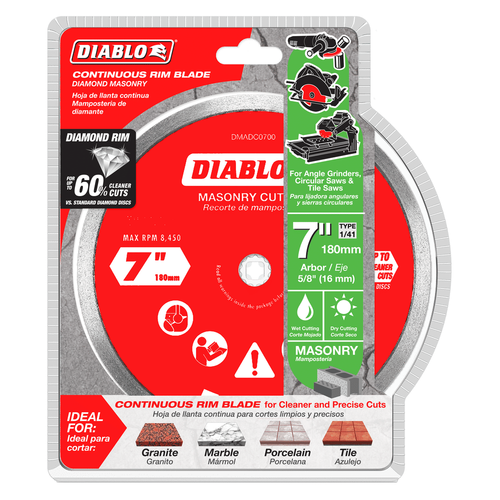 The DIABLO DMADC0700 7 in. Diamond Continuous Rim Masonry Cut-Off Disc, with industrial-grade diamonds and a max RPM of 8,450, is perfect for cutting granite using angle grinders, circular saws, and tile saws.
