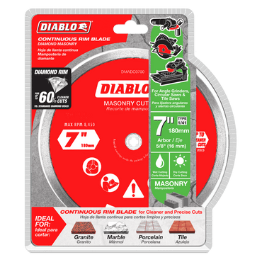 The DIABLO DMADC0700 7 in. Diamond Continuous Rim Masonry Cut-Off Disc, with industrial-grade diamonds and a max RPM of 8,450, is perfect for cutting granite using angle grinders, circular saws, and tile saws.