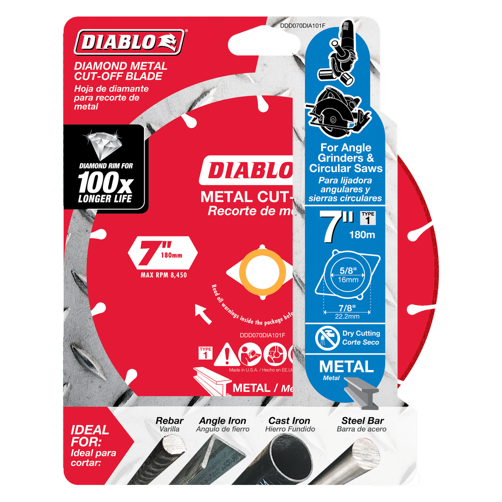 Image of a DIABLO DDD070DIA101F 7 in. Diamond Metal Cut-Off Disc in its packaging, highlighting its durable diamond metal construction for 100x longer cutting life. Ideal for angle grinders and circular saws, it efficiently cuts cast iron, steel bars, and more.
