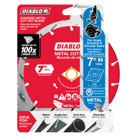 Image of a DIABLO DDD070DIA101F 7 in. Diamond Metal Cut-Off Disc in its packaging, highlighting its durable diamond metal construction for 100x longer cutting life. Ideal for angle grinders and circular saws, it efficiently cuts cast iron, steel bars, and more.