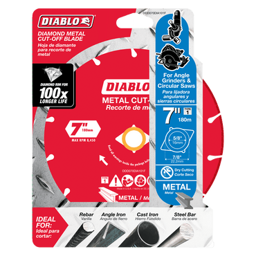 Image of a DIABLO DDD070DIA101F 7 in. Diamond Metal Cut-Off Disc in its packaging, highlighting its durable diamond metal construction for 100x longer cutting life. Ideal for angle grinders and circular saws, it efficiently cuts cast iron, steel bars, and more.