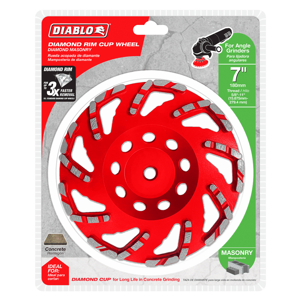 The image shows the Diablo DMACW0700 7 in. Diamond Rim Cup Wheel, ideal for angle grinders. This red disc excels in concrete and masonry grinding, highlighting its durability, efficiency, and compatibility with dust extraction systems.
