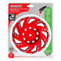 The image shows the Diablo DMACW0700 7 in. Diamond Rim Cup Wheel, ideal for angle grinders. This red disc excels in concrete and masonry grinding, highlighting its durability, efficiency, and compatibility with dust extraction systems.