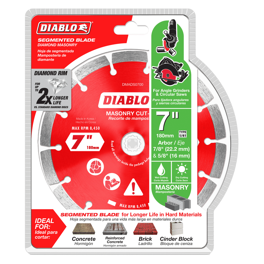 Image of a DIABLO DMADS0700 7-inch diamond segmented blade in packaging. The red blade is for angle grinders and circular saws, cutting concrete, brick, and block. Packaging emphasizes cutting life and specs.