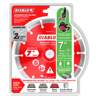 Image of a DIABLO DMADS0700 7-inch diamond segmented blade in packaging. The red blade is for angle grinders and circular saws, cutting concrete, brick, and block. Packaging emphasizes cutting life and specs.