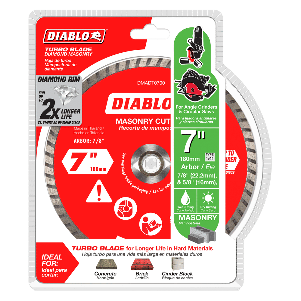 The image features a Diablo 7-inch turbo blade in red packaging, ideal for masonry cutting. The DIABLO DMADT0700 disc is perfect for concrete, brick, and cinder block, designed for angle grinders and circular saws. Its diamond rim offers precision and durability.