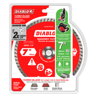 The image features a Diablo 7-inch turbo blade in red packaging, ideal for masonry cutting. The DIABLO DMADT0700 disc is perfect for concrete, brick, and cinder block, designed for angle grinders and circular saws. Its diamond rim offers precision and durability.