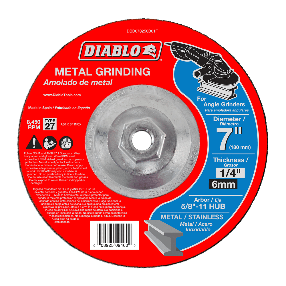 The Diablo DBD070250B01F red circular metal grinding disc has an aluminum oxide blend, a 7-inch diameter, 1/4-inch thickness, and is rated for 8,450 RPM. Its ideal for angle grinders used on metal and stainless steel.