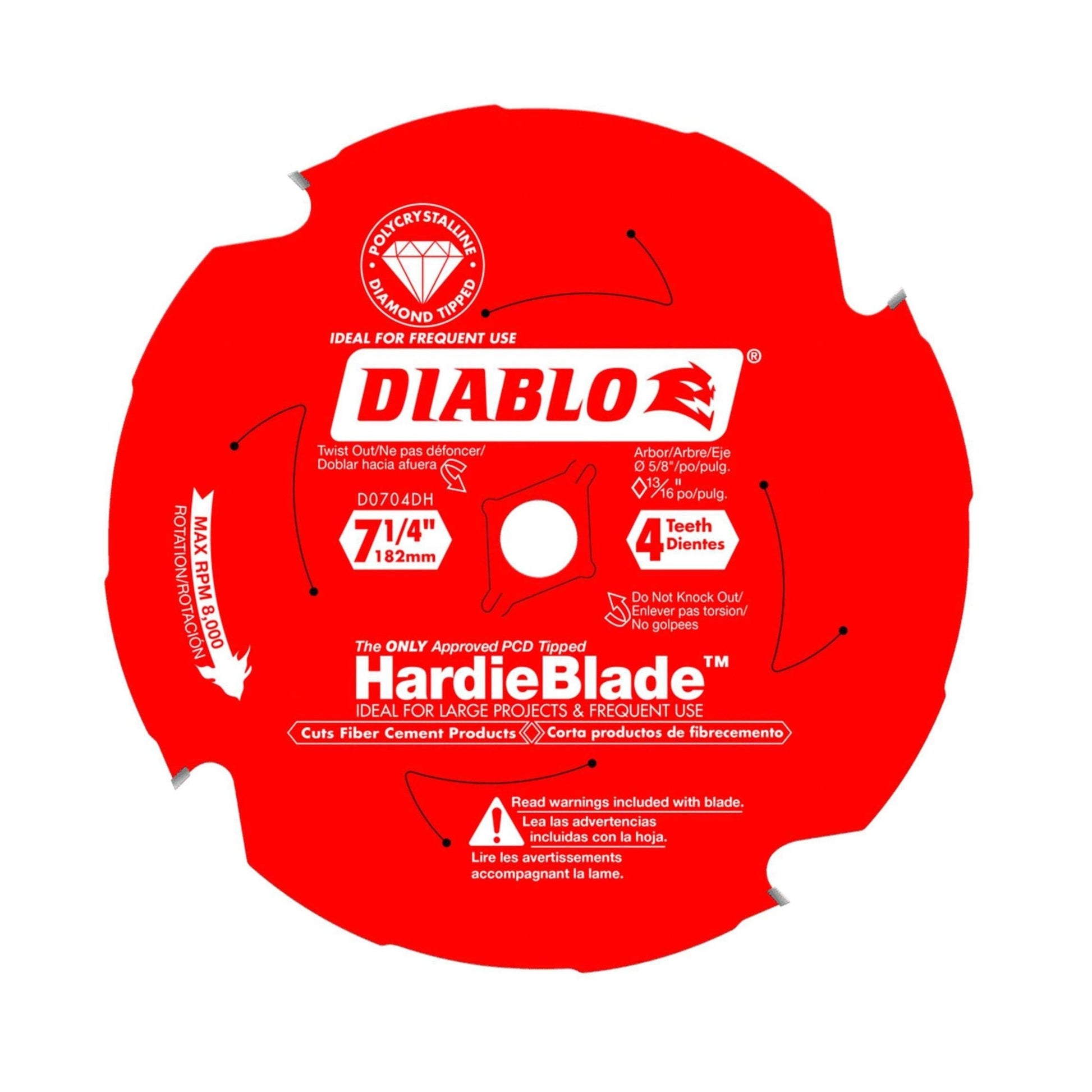 The Diablo D0704DHA 7-1/4 in. saw blade has 4 PCD-tipped teeth and is James Hardie approved, perfect for frequent fiber cement cutting. It features clear white and black instructions with directional arrows for easy use.