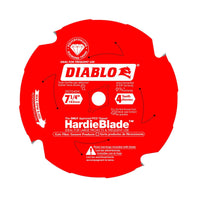 The Diablo D0704DHA 7-1/4 in. saw blade has 4 PCD-tipped teeth and is James Hardie approved, perfect for frequent fiber cement cutting. It features clear white and black instructions with directional arrows for easy use.