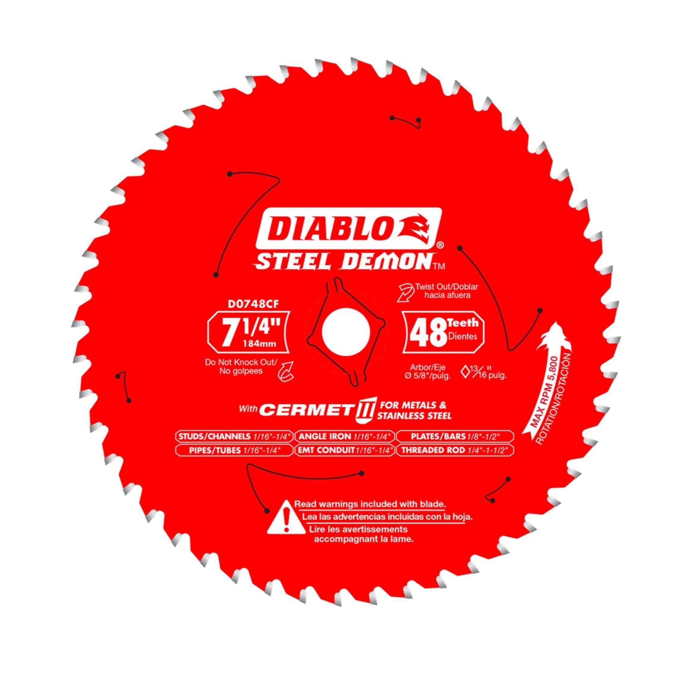 The image showcases the Diablo D0748CFA 7-1/4 in. x 48-Teeth Steel Demon™ Cermet II saw blade, perfect for cutting metals and stainless steel. It includes safety warnings and usage instructions in English and Spanish.