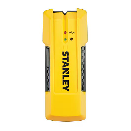 The yellow STANLEY® STUD SENSOR 3/4 EDGE-DETECT S50 features black side grips, edge-detect tech, an LED indicator with red/yellow/green lights, and STANLEY printed vertically on the front.
