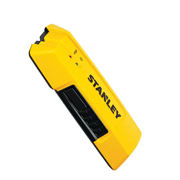 The STANLEY® STUD SENSOR 3/4 EDGE-DETECT S50, in yellow and black with indicator lights and a button, is displayed at an angle on a white background.