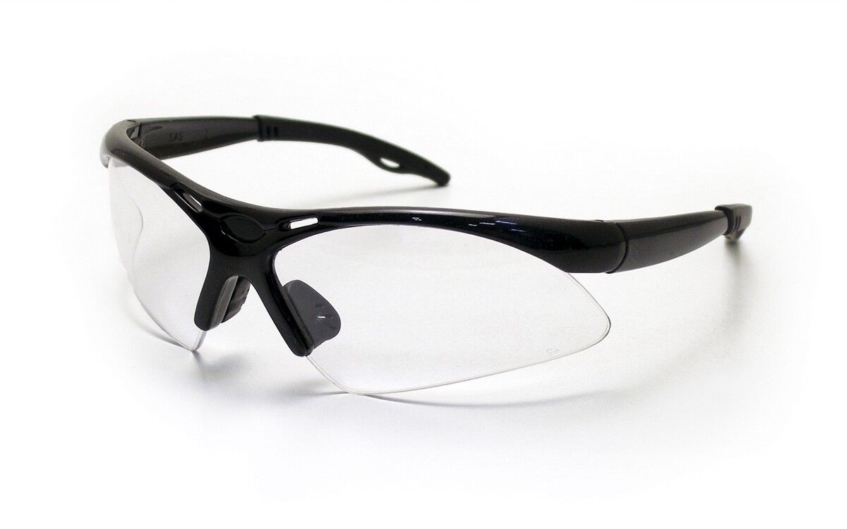 The SAS Diamondbacks Safety Eyewear Clear Glasses feature a black plastic frame with a wraparound design and nose pads for UV-protected reliable safety, by SAS, shown on a white background.