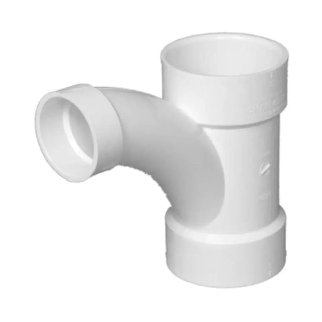 The Go Build 3 in. x 3 in. x 2 in. DWV PVC Comb Wye & 1/8 Bend is a white fitting for sanitary drain connections, designed for plumbing systems like those using Charlotte Pipe DWV components.