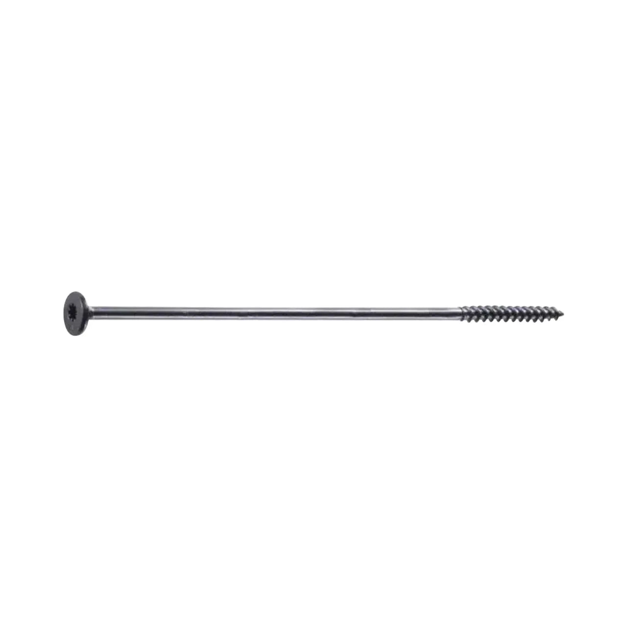 The 8 in. Spider Drive Heavy Duty Flathead Fastener by Go Build, The Fastest Way To Build, is a black metal screw with deep threads and corrosion resistance, photographed on a white background.