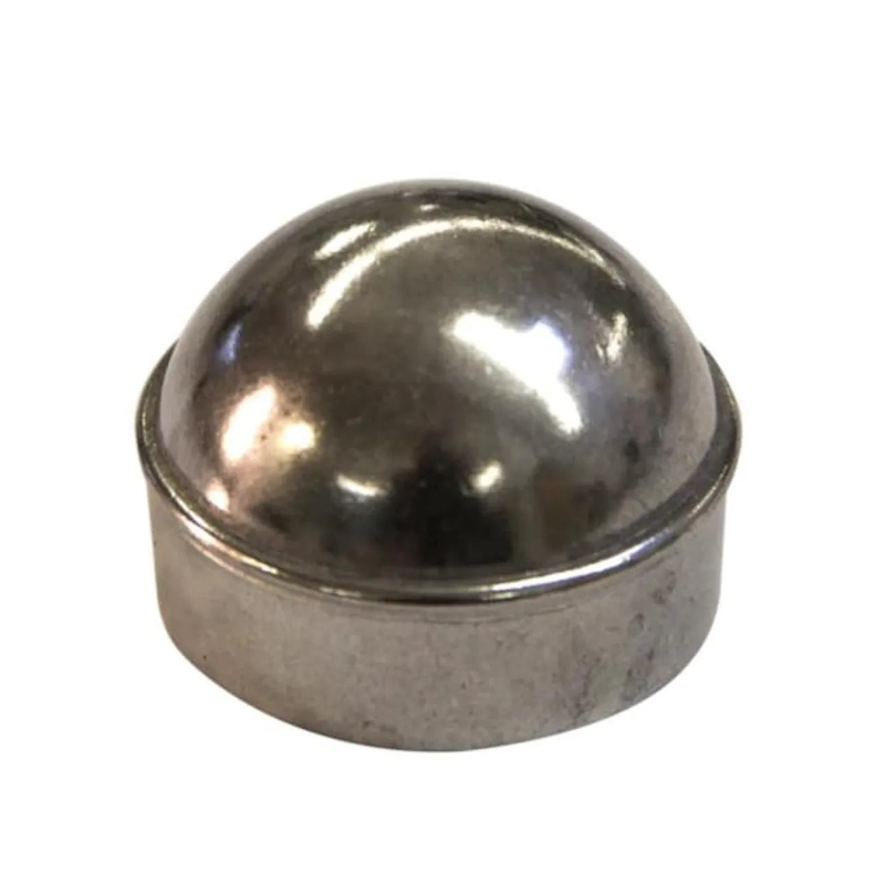 The Go Build 2-3/8-in. Aluminum Chain Link Fence Post Cap features a shiny, metallic, dome-shaped design with a flat circular base, resembling a half-sphere button and shown isolated on a white background.
