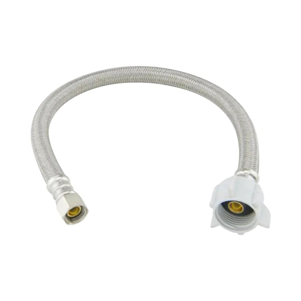 The Go Build 3/8 in. Compression x 7/8 in. Ballcock Nut x 16 in. Braided Polymer Toilet Connector features a flexible hose with compression and ballcock nut fittings, ideal for connecting toilets to water supply lines.