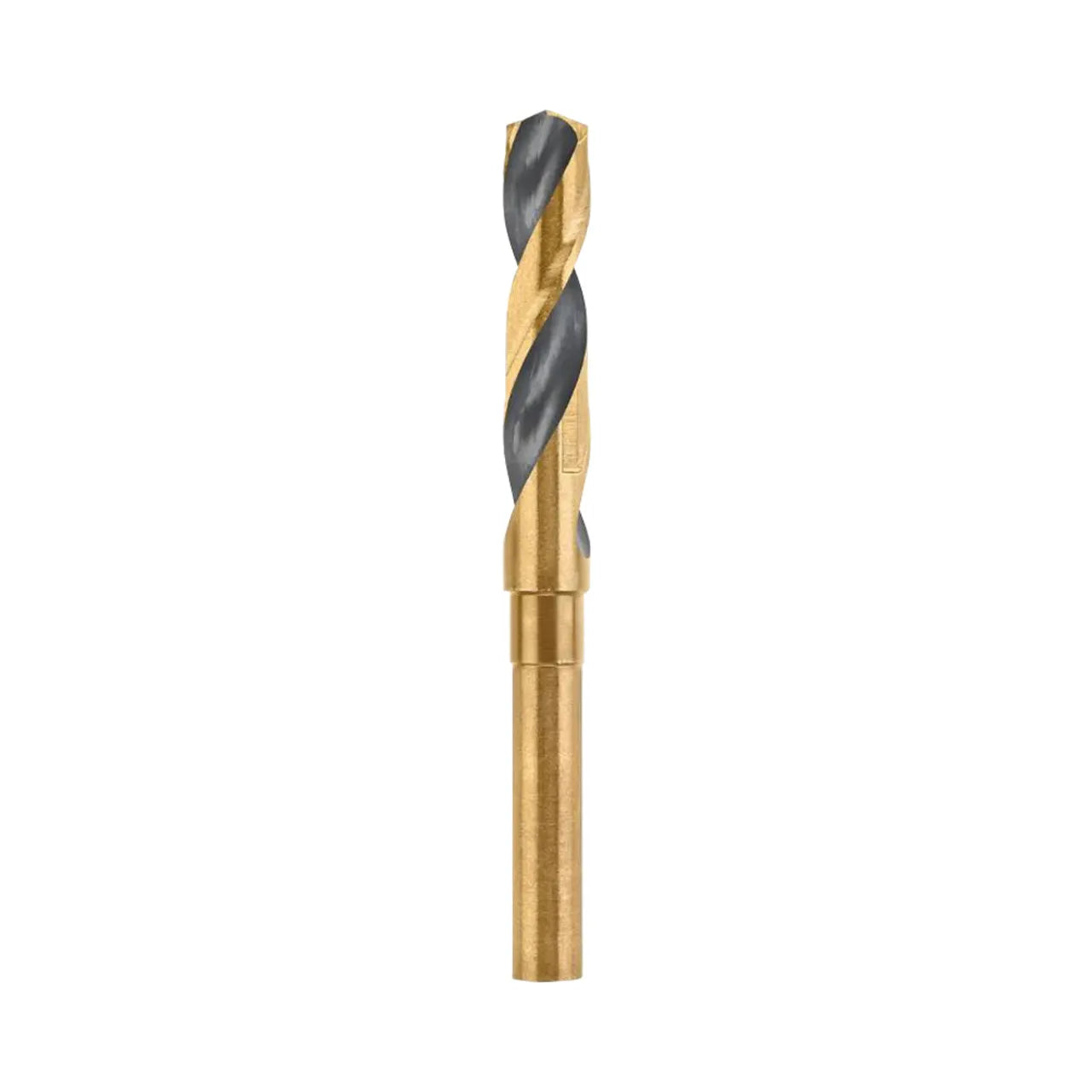 The Go Build 5/8 in. Black and Gold Drill Bit, featuring a straight shank, is displayed vertically against a white background.