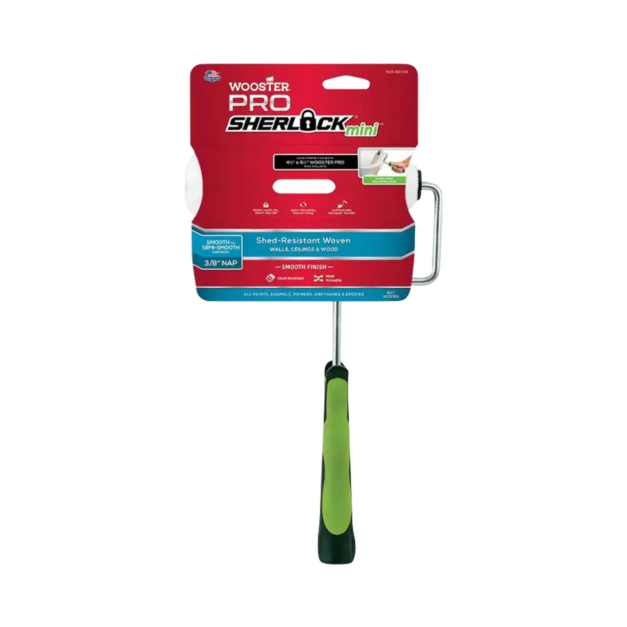 The 6-1/2 in. x 3/8 in. Pro Cage Frame Roller Assembly by Go Build features a black and green handle, ideal for smooth surfaces. Its red and white packaging highlights its lint-free fabric and includes details like nap size and finishing type.